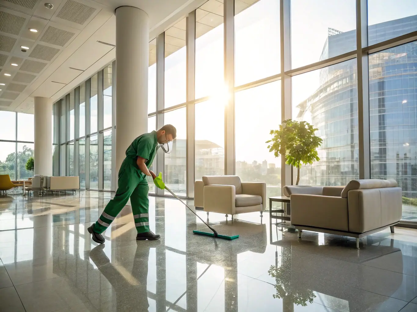 A modern cleaning equipment using advanced water-saving technology, with a digital display showing water consumption metrics. The setting is a clean, minimalist environment to emphasize efficiency.