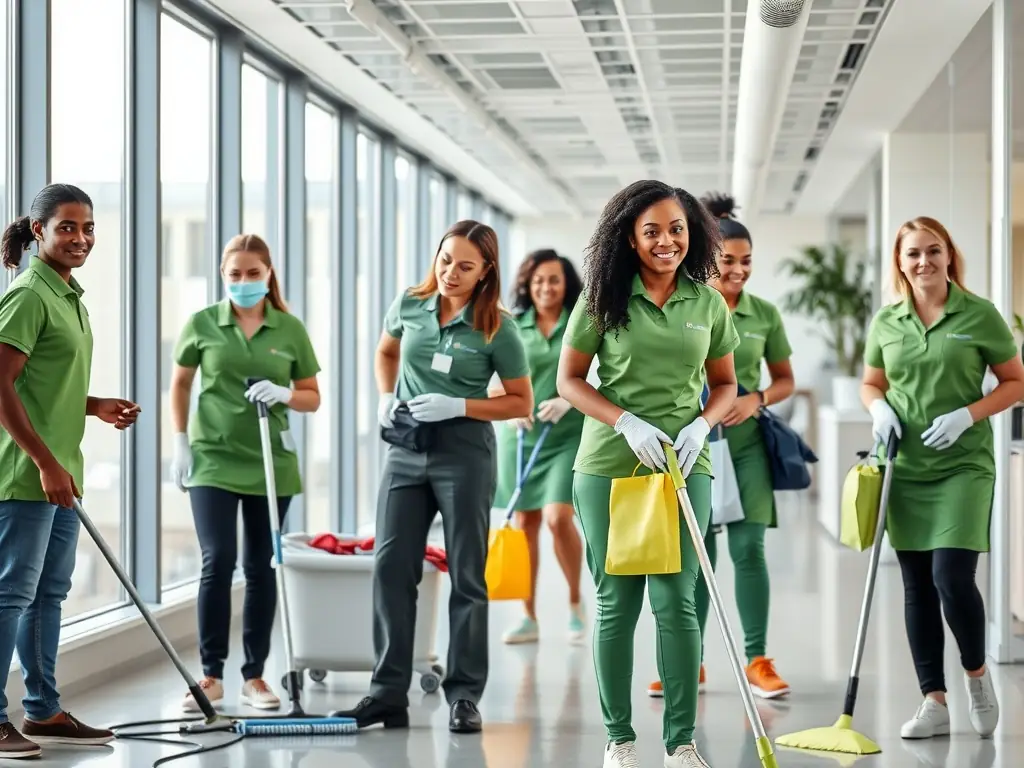 A diverse team of H&A cleaning personnel receiving training on sustainable cleaning practices, with a focus on proper waste disposal and efficient cleaning techniques. The setting is a modern training facility.